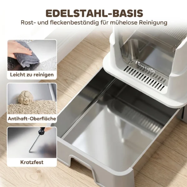 Katzentoilette Aus Edelstahl Mit Deckel, XL Katzenstreubox Mit Schaufel, Herausziehbare Wanne, Hohe Seiten, Leicht Zu Reinigen, Grau