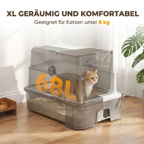 Katzentoilette Aus Edelstahl Mit Deckel, XL Katzenstreubox Mit Schaufel, Herausziehbare Wanne, Hohe Seiten, Leicht Zu Reinigen, Grau