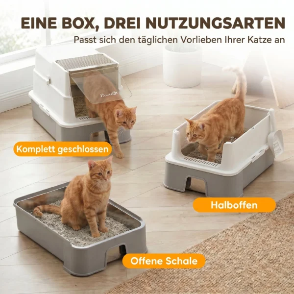 Katzentoilette Aus Edelstahl Mit Deckel, XL Katzenstreubox Mit Schaufel, Herausziehbare Wanne, Hohe Seiten, Leicht Zu Reinigen, Grau