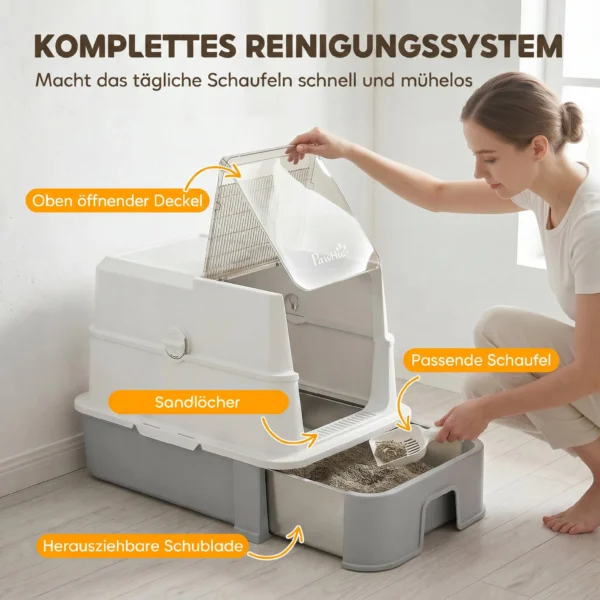 Katzentoilette Aus Edelstahl Mit Deckel, XL Katzenstreubox Mit Schaufel, Herausziehbare Wanne, Hohe Seiten, Leicht Zu Reinigen, Grau