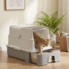 Katzentoilette Aus Edelstahl Mit Deckel, XL Katzenstreubox Mit Schaufel, Herausziehbare Wanne, Hohe Seiten, Leicht Zu Reinigen, Grau