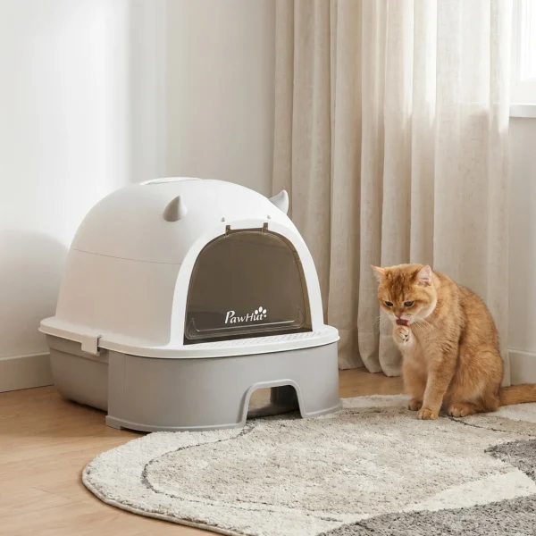 Katzentoilette Edelstahl Mit Abnehmbarem Deckel, Schaufel & Aktivkohlefilter Für Kleine Bis Mittelgroße Katzen, Grau