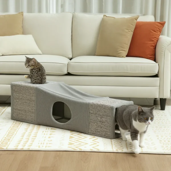 Katzentunnel, 2 Katzenhöhlen, Kratzflächen Und Ballspielzeug, 98 Cm X 30 Cm X 30 Cm, Braun + Grau