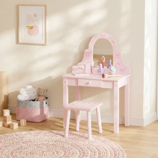 Kinder Schminktisch Set 2 In 1 Frisiertisch Schreibtisch Mit Hocker Abnehmbarem Spiegel Schublade Für Mädchen 3 6 Rosa