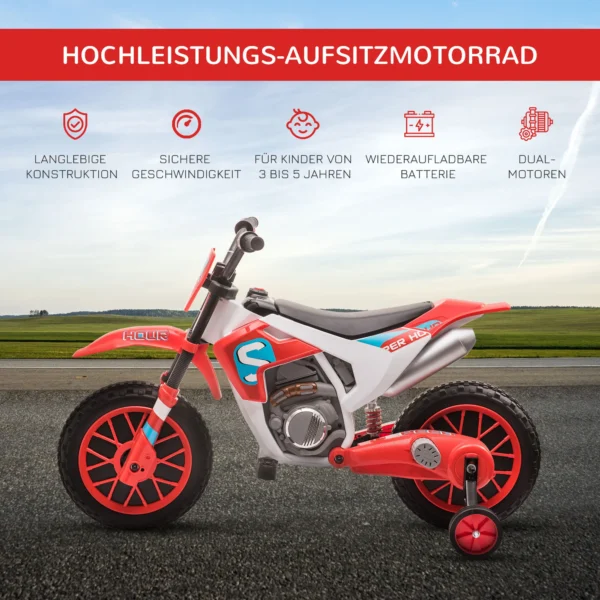 Kindermotorrad, Elektromotorrad, 45 Min Fahrzeit, Mit Stützrädern, Ab 3 Jahren, Rot+weiß, 106,5 X 51,5 X 68cm