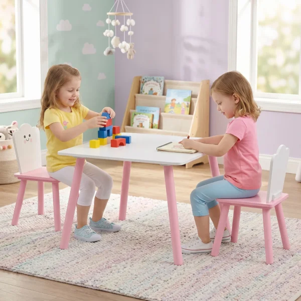 Kindertafel En Stoel Set 3 delig, 1 Tafel 2 Stoelen, Roze En Wit
