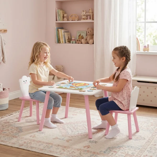 Kindertafel En Stoel Set 3 delig, 1 Tafel 2 Stoelen, Roze En Wit