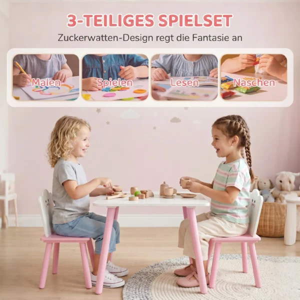 Kindertafel En Stoel Set 3 delig, 1 Tafel 2 Stoelen, Roze En Wit
