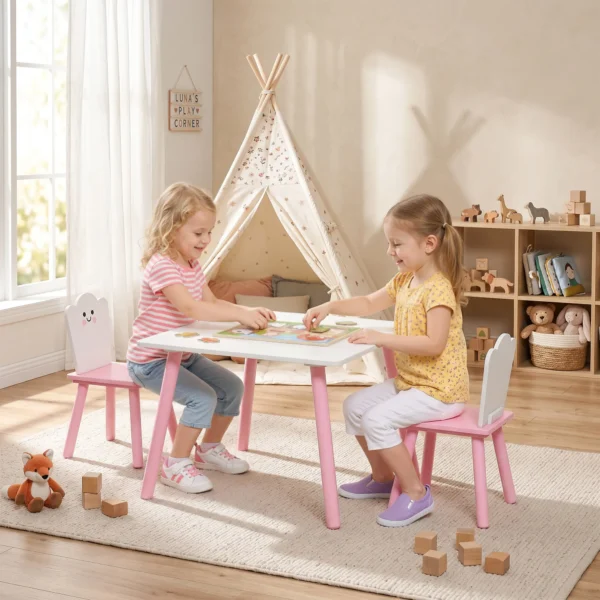 Kindertafel En Stoel Set 3 delig, 1 Tafel 2 Stoelen, Roze En Wit