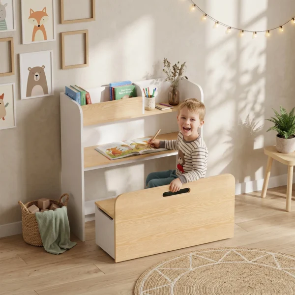 Kindertisch Mit Sitzbank 5 in 1 Kindersitzgruppe Mit Bücherregal, Rollbar Kindertruhenbank Mit Aufbewahrungsbox Für 3 8
