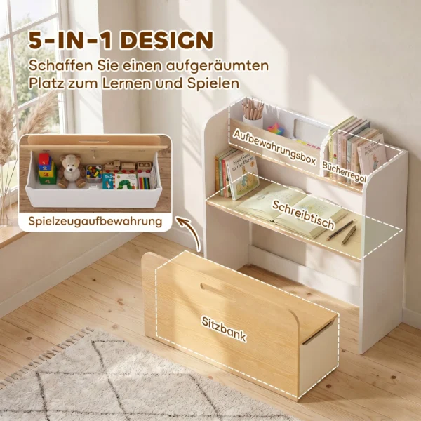 Kindertisch Mit Sitzbank 5 in 1 Kindersitzgruppe Mit Bücherregal, Rollbar Kindertruhenbank Mit Aufbewahrungsbox Für 3 8