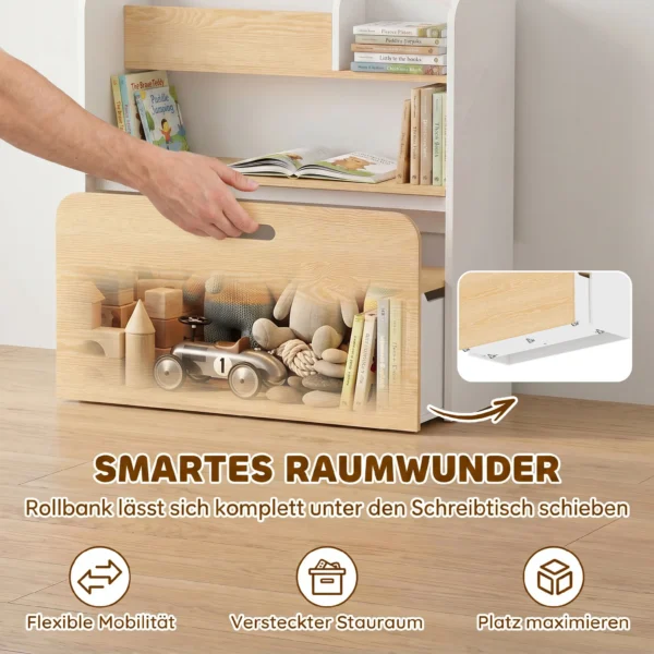 Kindertisch Mit Sitzbank 5 in 1 Kindersitzgruppe Mit Bücherregal, Rollbar Kindertruhenbank Mit Aufbewahrungsbox Für 3 8