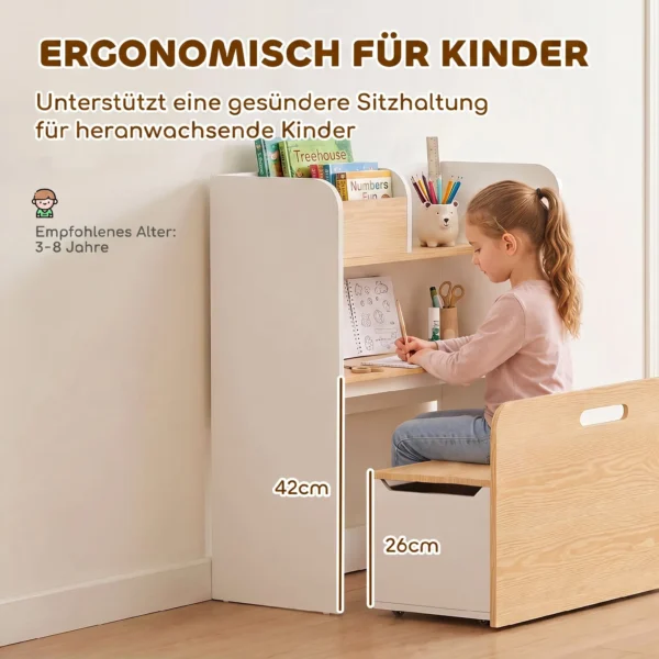 Kindertisch Mit Sitzbank 5 in 1 Kindersitzgruppe Mit Bücherregal, Rollbar Kindertruhenbank Mit Aufbewahrungsbox Für 3 8