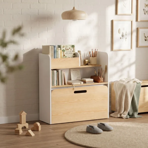 Kindertisch Mit Sitzbank 5 in 1 Kindersitzgruppe Mit Bücherregal, Rollbar Kindertruhenbank Mit Aufbewahrungsbox Für 3 8