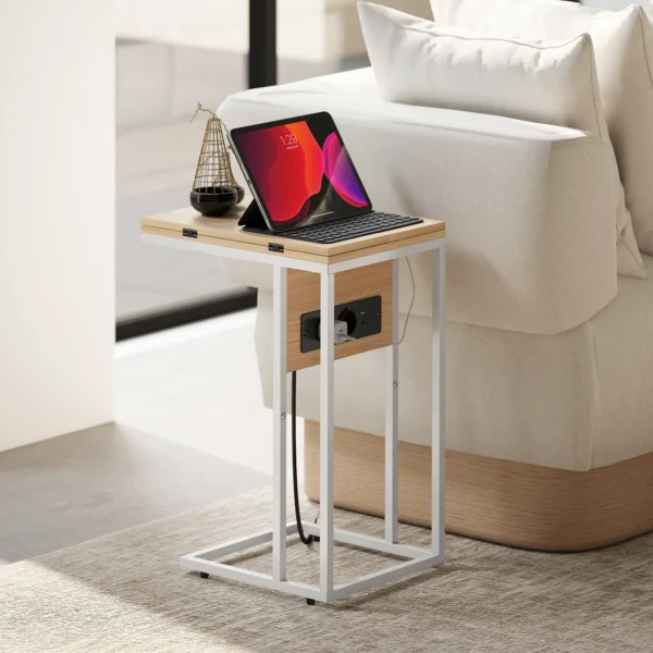 Klappbarer Beistelltisch, Ladestation Mit USB Ports, Metall, 39 X 29 X 57 Cm, Holzfarben