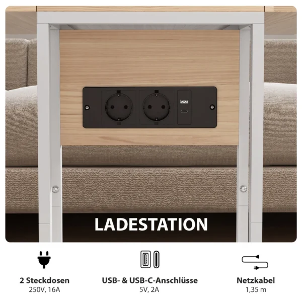 Klappbarer Beistelltisch, Ladestation Mit USB Ports, Metall, 39 X 29 X 57 Cm, Holzfarben
