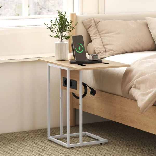Klappbarer Beistelltisch, Ladestation Mit USB Ports, Metall, 39 X 29 X 57 Cm, Holzfarben