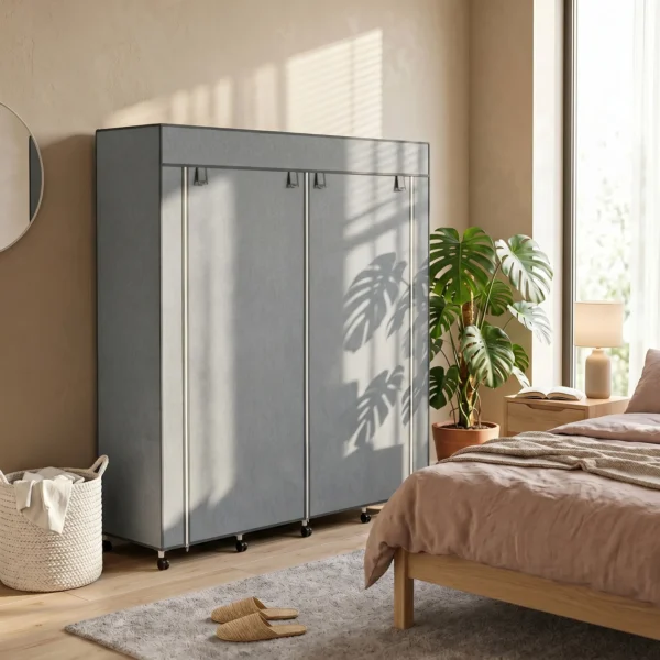Kleiderschrank Stoffschrank, Türen, 2 Kleiderstangen, 10 Fächer, Grau