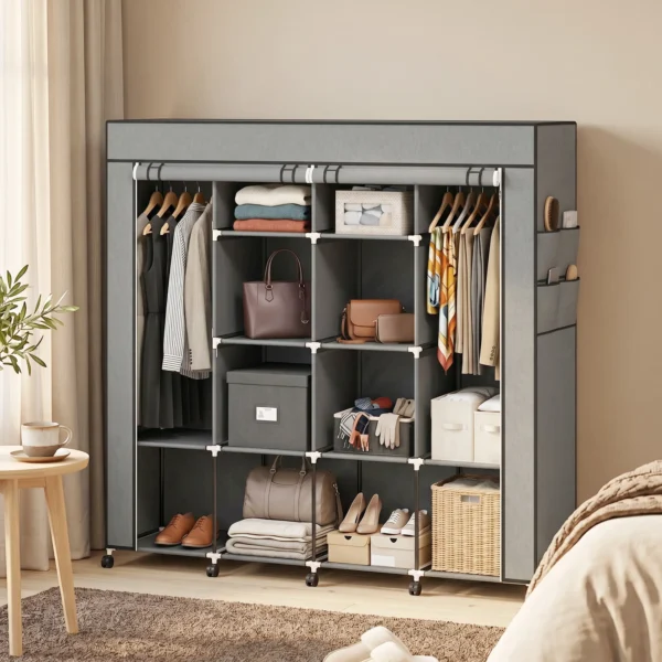 Kleiderschrank Stoffschrank, Türen, 2 Kleiderstangen, 10 Fächer, Grau