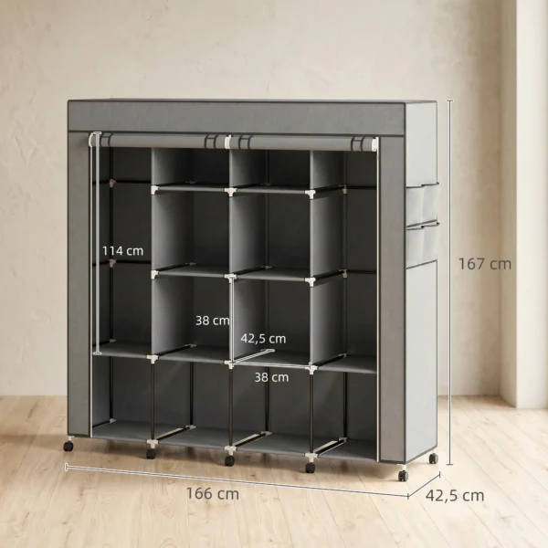 Kleiderschrank Stoffschrank, Türen, 2 Kleiderstangen, 10 Fächer, Grau