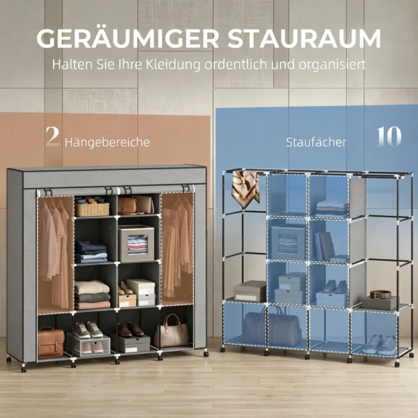 Kleiderschrank Stoffschrank, Türen, 2 Kleiderstangen, 10 Fächer, Grau