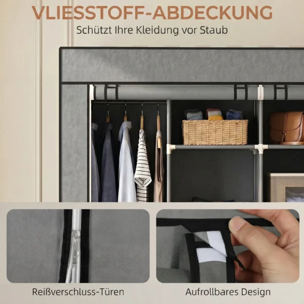 Kleiderschrank Stoffschrank, Türen, 2 Kleiderstangen, 10 Fächer, Grau