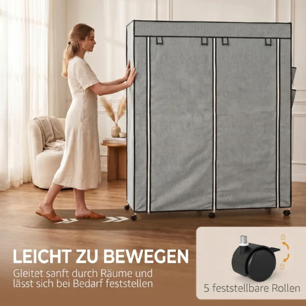 Kleiderschrank Stoffschrank, Türen, 2 Kleiderstangen, 10 Fächer, Grau