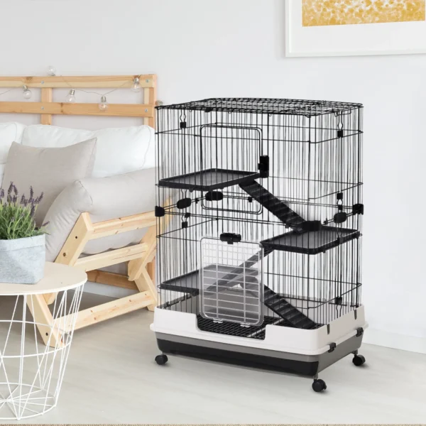 Kleintierkäfig Mit 4 Räder Käfig 3 Öffnungen 2 Plattformen Metall Schwarz 81,2 Cm X 52,7 Cm X 110 Cm