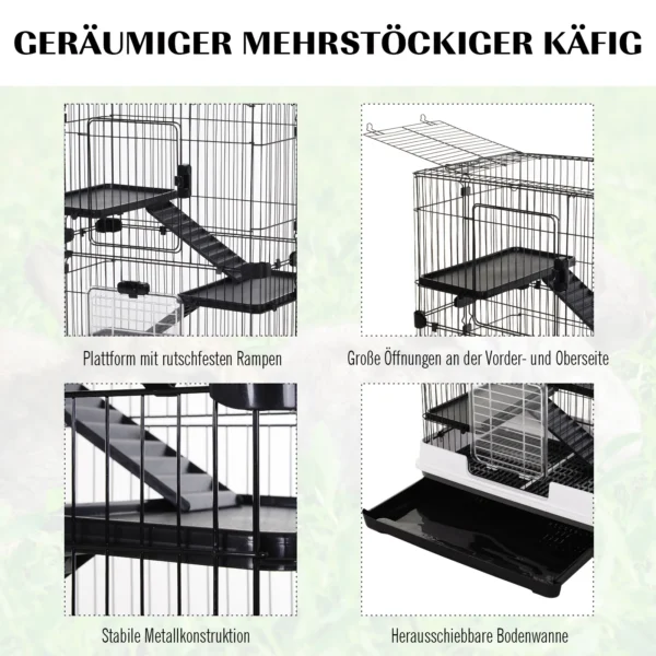 Kleintierkäfig Mit 4 Räder Käfig 3 Öffnungen 2 Plattformen Metall Schwarz 81,2 Cm X 52,7 Cm X 110 Cm
