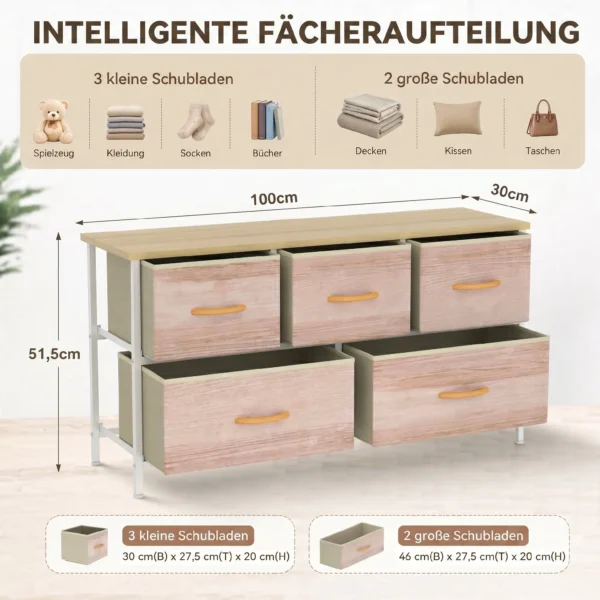Kommode Mit 5 Schubladen, Stoffkommode Mit Metallrahmen Und Holzoberfläche, Naturholz Und Weiß
