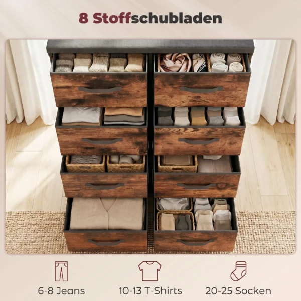 Kommode Mit 8 Schubladen, Stoffkommode Mit Metallgestell, Für Schlafzimmer & Wohnzimmer, Vintage Braun