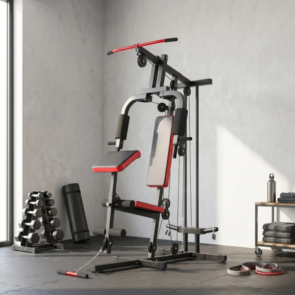 Kraftstation Fitnessstation Mit Latzug, Butterflystange, Verstellbar Preacher Bank, Beintrainer, Bis 120kg Schwarz+Rot