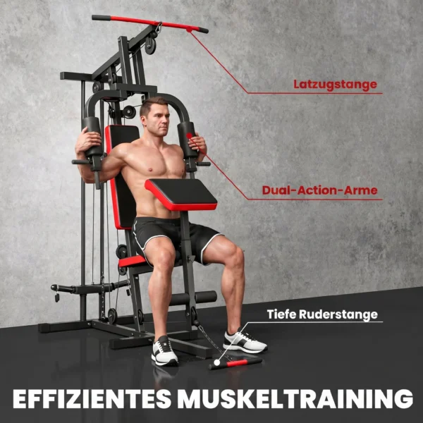 Kraftstation Fitnessstation Mit Latzug, Butterflystange, Verstellbar Preacher Bank, Beintrainer, Bis 120kg Schwarz+Rot
