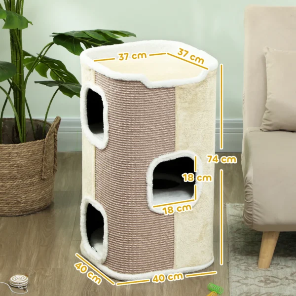 Kratztonne Für Katzen, Katzenbaum, 3 Ebenen, Robust, Weicher Plüsch, Rückzugsort, Beige