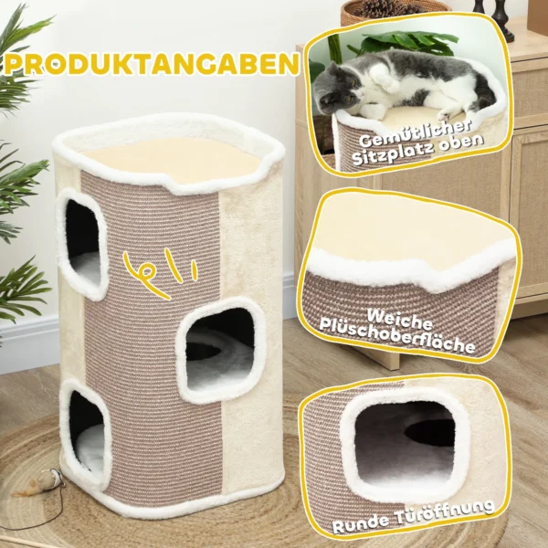 Kratztonne Für Katzen, Katzenbaum, 3 Ebenen, Robust, Weicher Plüsch, Rückzugsort, Beige