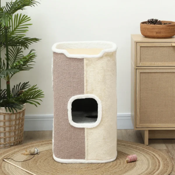 Kratztonne Für Katzen, Katzenbaum, 3 Ebenen, Robust, Weicher Plüsch, Rückzugsort, Beige