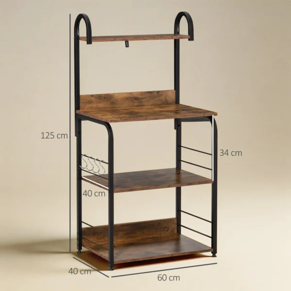 Küchenregal, Standregal Mit 3 Ablagen, 4 Haken, Mikrowellenregal Für Küche, Esszimmer, Rustikal Braun, 60 X 40 X 125 Cm