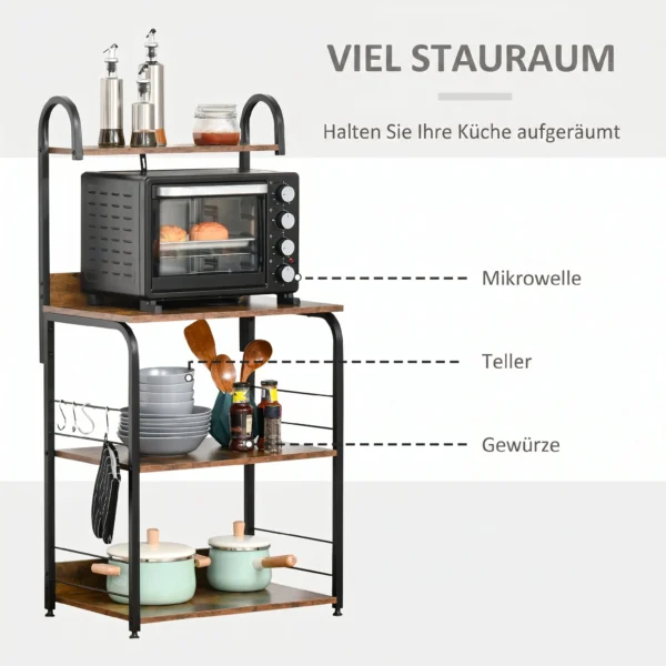 Küchenregal, Standregal Mit 3 Ablagen, 4 Haken, Mikrowellenregal Für Küche, Esszimmer, Rustikal Braun, 60 X 40 X 125 Cm