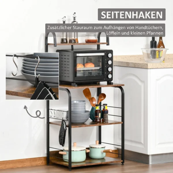 Küchenregal, Standregal Mit 3 Ablagen, 4 Haken, Mikrowellenregal Für Küche, Esszimmer, Rustikal Braun, 60 X 40 X 125 Cm