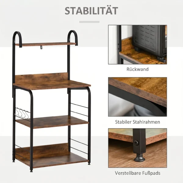 Küchenregal, Standregal Mit 3 Ablagen, 4 Haken, Mikrowellenregal Für Küche, Esszimmer, Rustikal Braun, 60 X 40 X 125 Cm