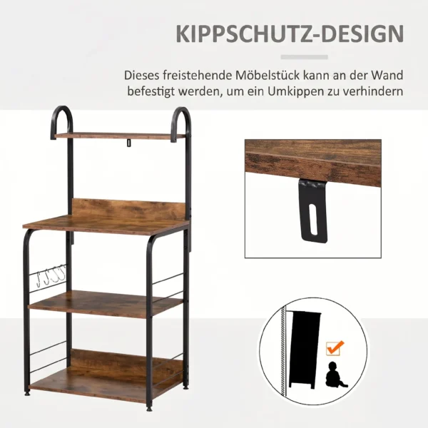 Küchenregal, Standregal Mit 3 Ablagen, 4 Haken, Mikrowellenregal Für Küche, Esszimmer, Rustikal Braun, 60 X 40 X 125 Cm