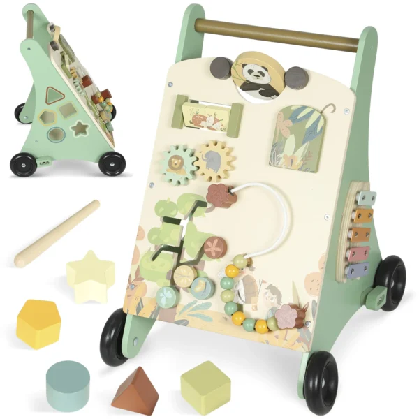 Lauflernwagen Holz Montessori Lauflernhilfe Mit Geschwindigkeitskontrolle, Xylophon, Zahnrädern Und Perlenlabyrinth Grün
