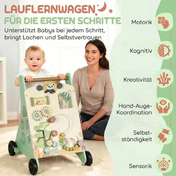 Lauflernwagen Holz Montessori Lauflernhilfe Mit Geschwindigkeitskontrolle, Xylophon, Zahnrädern Und Perlenlabyrinth Grün