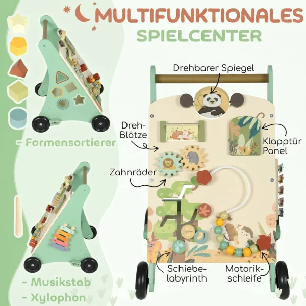 Lauflernwagen Holz Montessori Lauflernhilfe Mit Geschwindigkeitskontrolle, Xylophon, Zahnrädern Und Perlenlabyrinth Grün