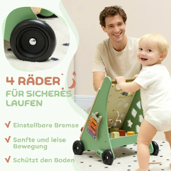 Lauflernwagen Holz Montessori Lauflernhilfe Mit Geschwindigkeitskontrolle, Xylophon, Zahnrädern Und Perlenlabyrinth Grün