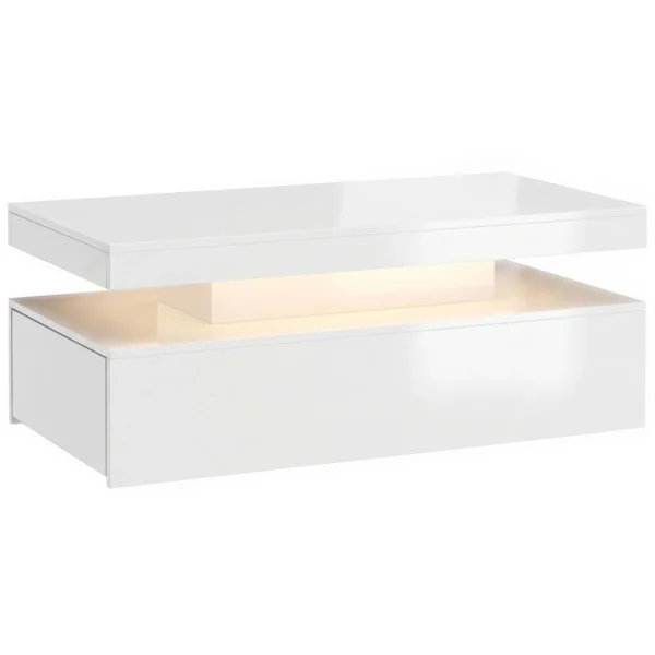 LED Couchtisch Mit Stauraum, Moderner 2 Ebenen Wohnzimmertisch Mit 2 Schubladen, Hochglanz Weiß