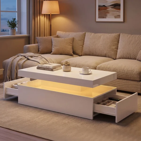 LED Couchtisch Mit Stauraum, Moderner 2 Ebenen Wohnzimmertisch Mit 2 Schubladen, Hochglanz Weiß