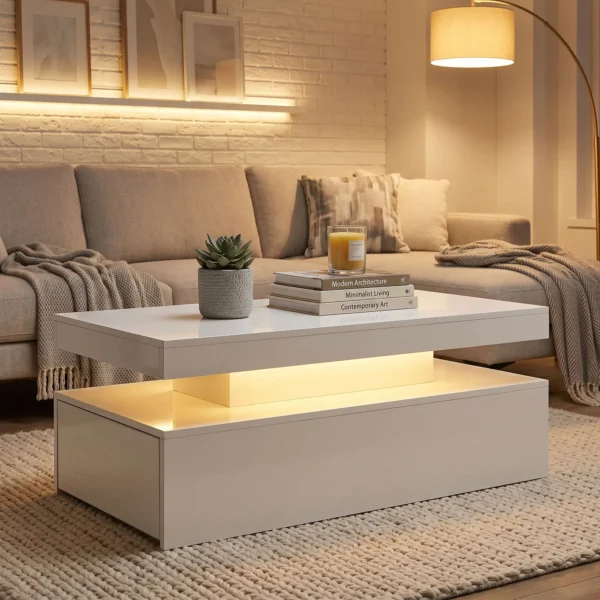 LED Couchtisch Mit Stauraum, Moderner 2 Ebenen Wohnzimmertisch Mit 2 Schubladen, Hochglanz Weiß
