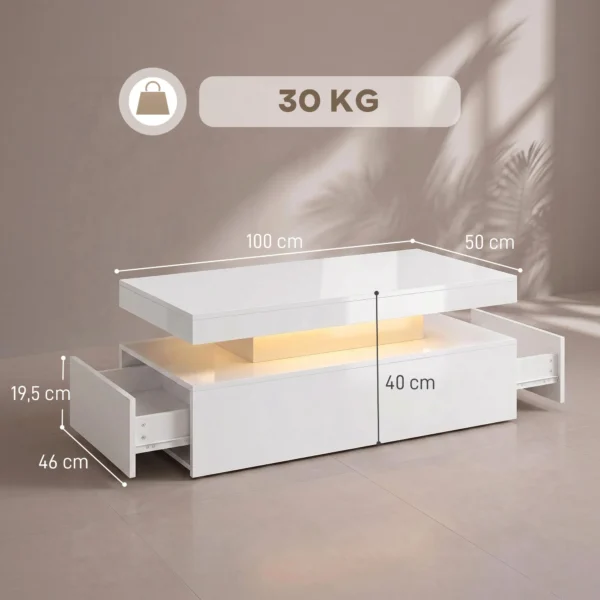 LED Couchtisch Mit Stauraum, Moderner 2 Ebenen Wohnzimmertisch Mit 2 Schubladen, Hochglanz Weiß