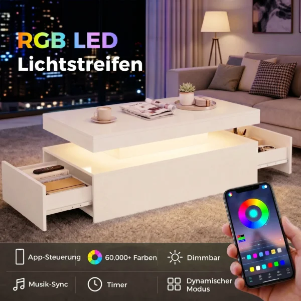 LED Couchtisch Mit Stauraum, Moderner 2 Ebenen Wohnzimmertisch Mit 2 Schubladen, Hochglanz Weiß